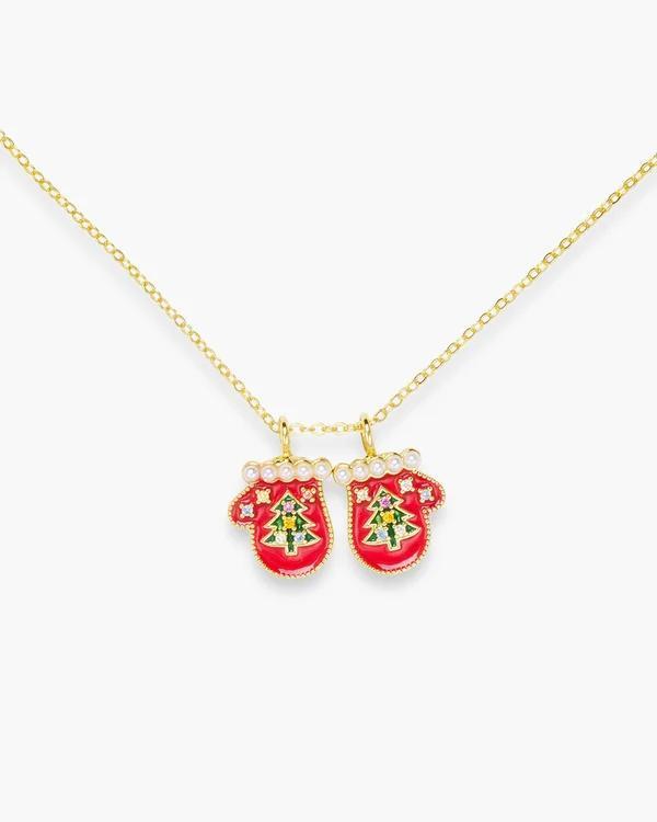 2 Red Mittens with Tree Gold Necklace