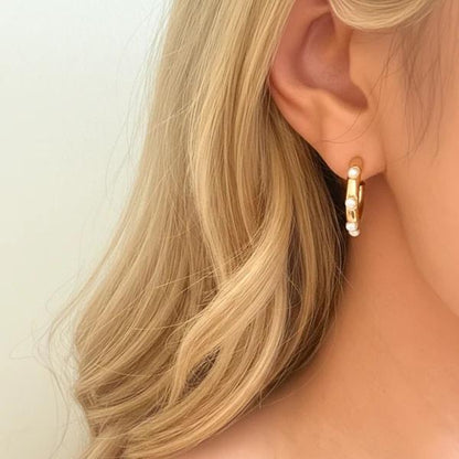 Pearl Accent Hoop Earrings - Modern Gold Elegance