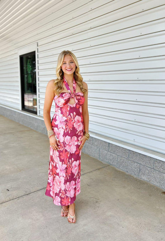 Bridgette Burgundy Halter Neck Dress