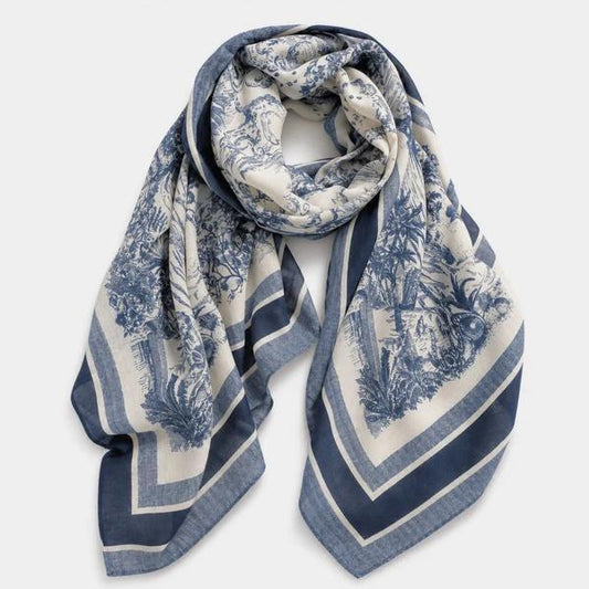 Viscose Oversized Wrap Scarf, Lightweight Shawl - Blue Toile