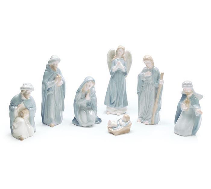 7 Piece Blue Ceramic Nativity Figurine Collection