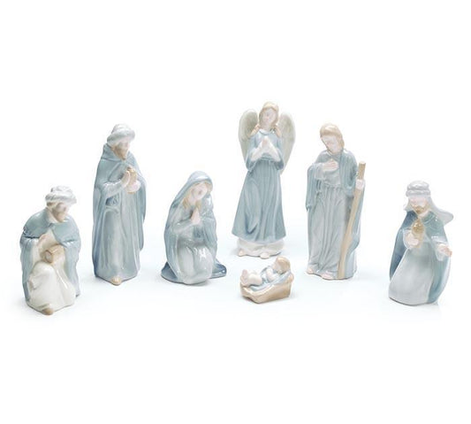 7 Piece Blue Ceramic Nativity Figurine Collection