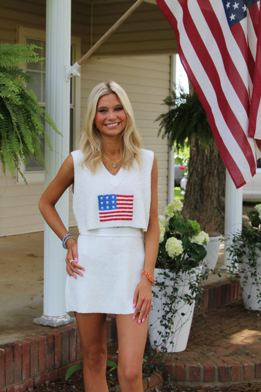 Flag Print V-Neck Cropped Top and Mini Skirt Sweater