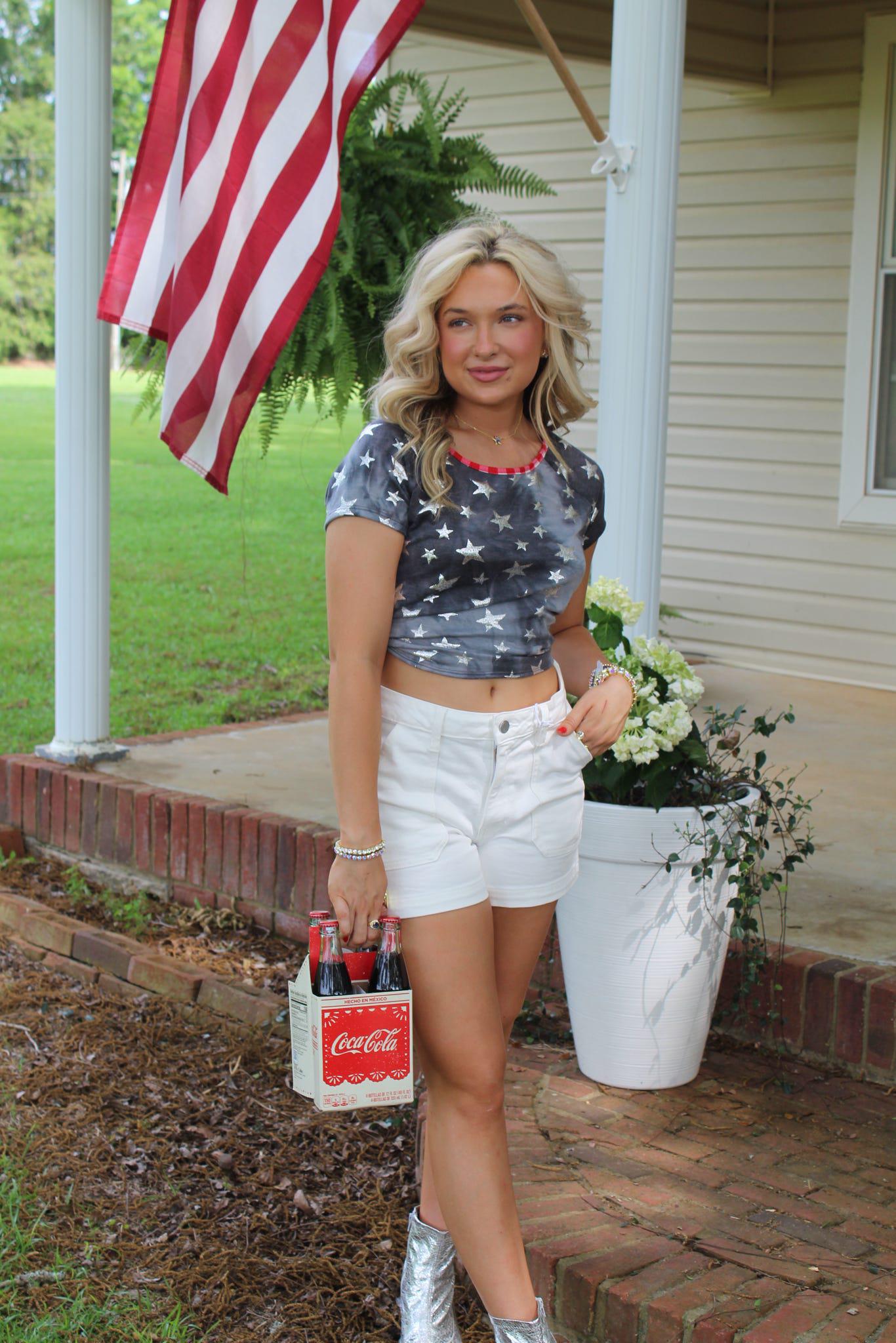 Foil Star Print French Terry Knit Top with Back Cut Out and Plaid Tied Top