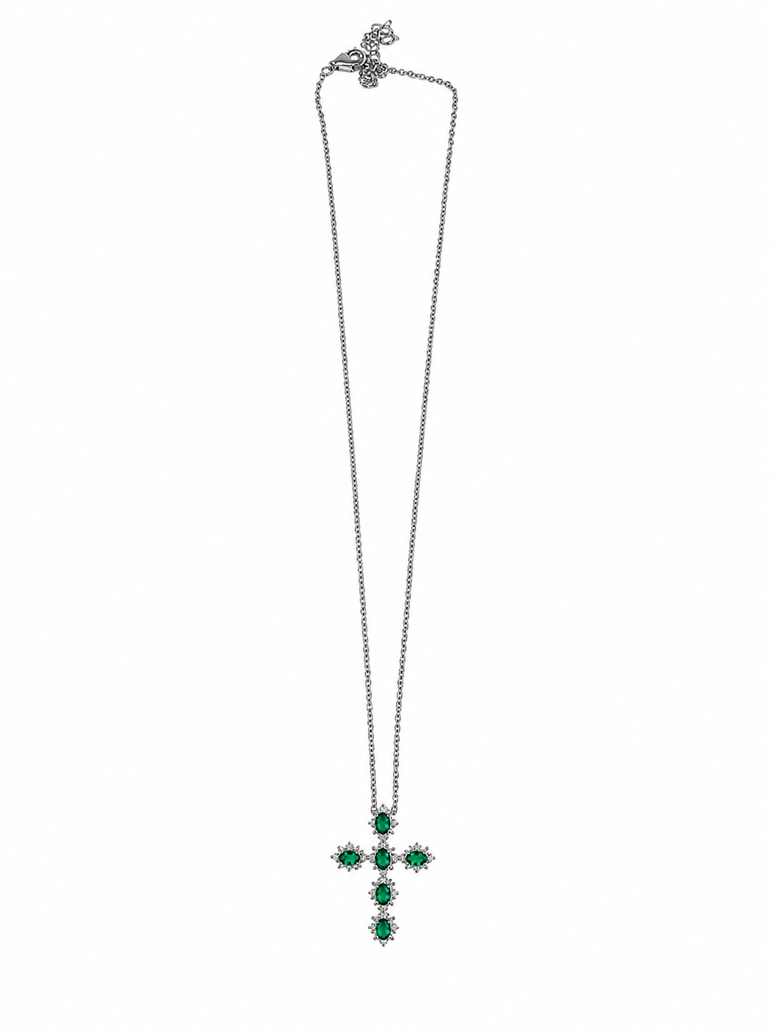 Sterling Silver Colored CZ Cross Necklace ( Green )