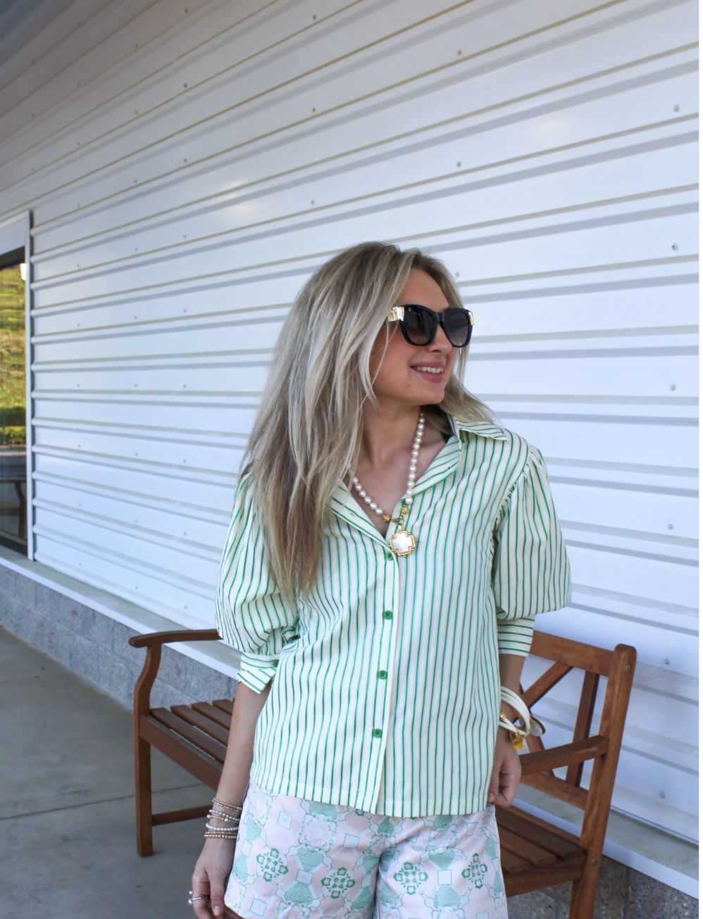 Bess Puff Sleeve Shirt (Green Stripe)