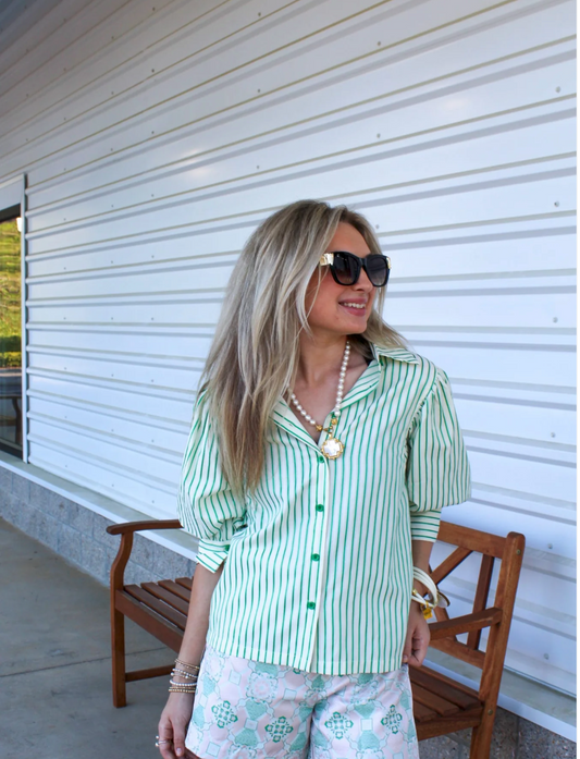 Bess Puff Sleeve Shirt (Green Stripe)