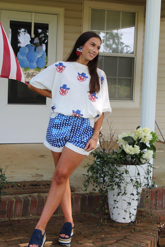 COTTON SHORT SLEEVE TOP W/ AMERICA MIRROR BALL