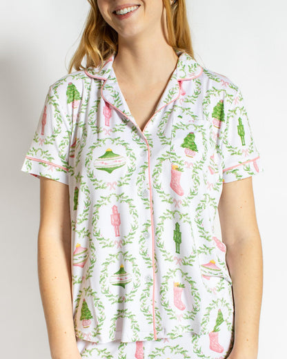 Nutcracker Trellis Short Sleeve Button Up Sleep Shirt