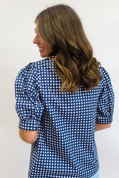 Navy/Orange Gingham Elaine Top