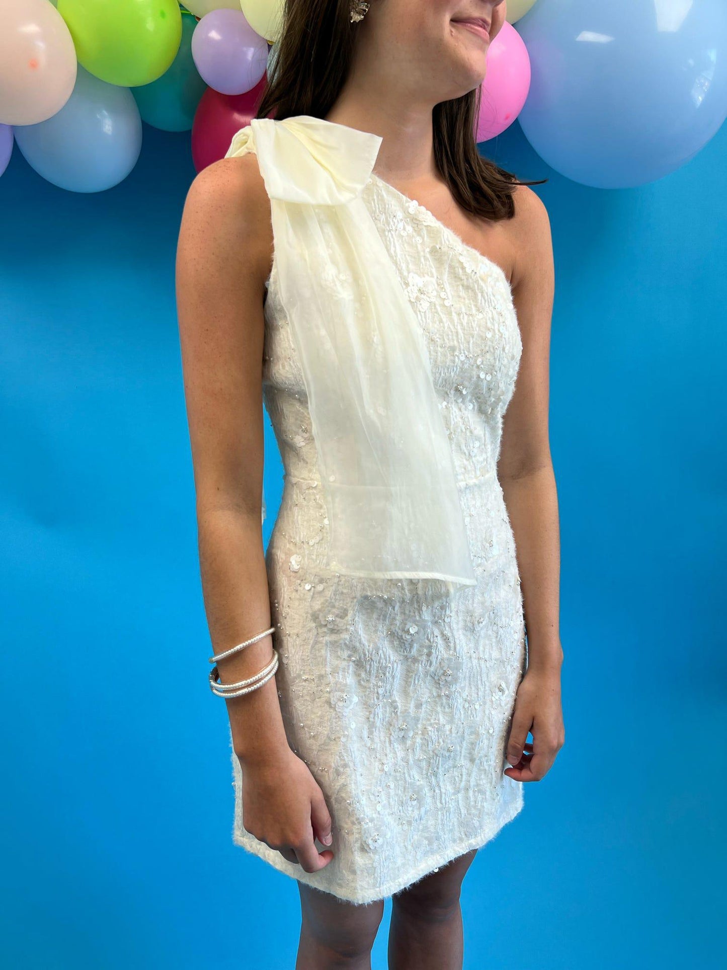One Shoulder Cream Mini Dress with Floral