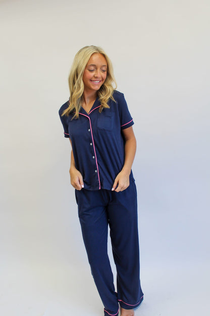 Elizabeth Short Sleeve Button Up Sleep Shirt Navy/Pink