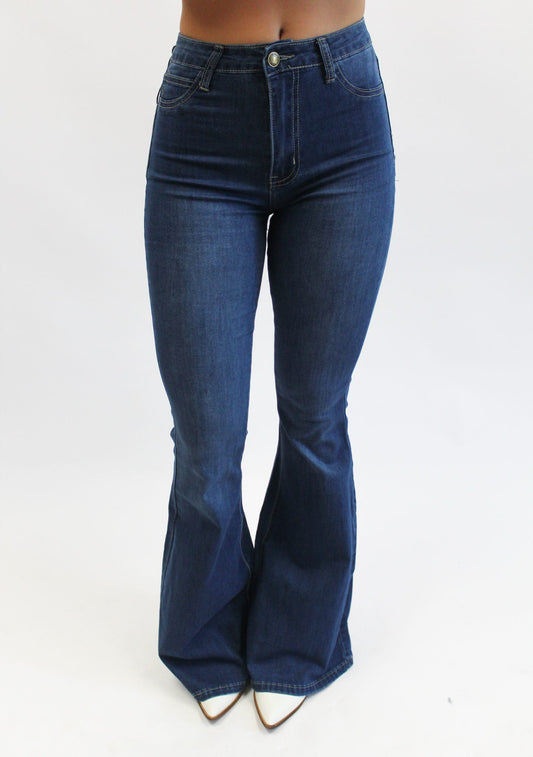 High Waisted Med Wash Strech Denim Bell Bottoms