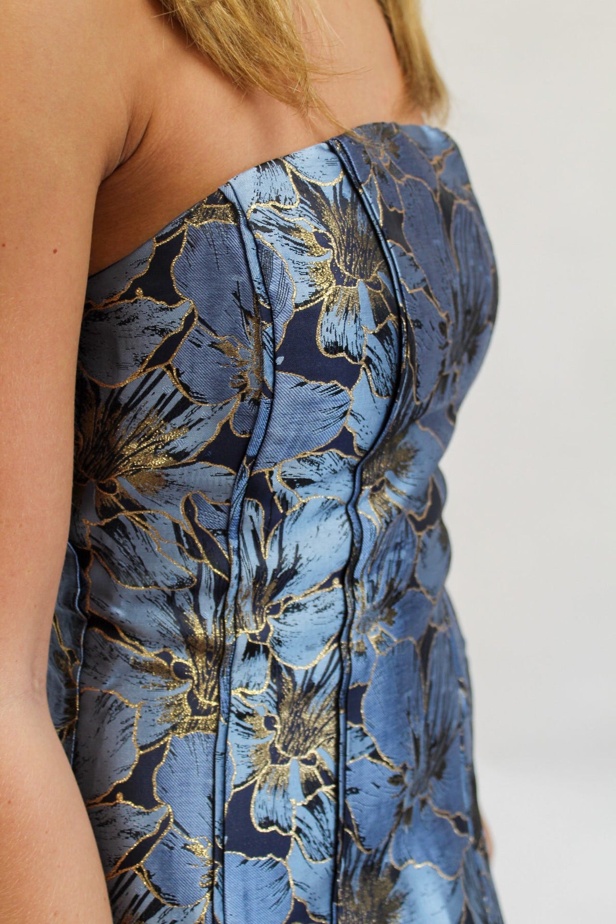 Golden Petal Strapless Mini Dress