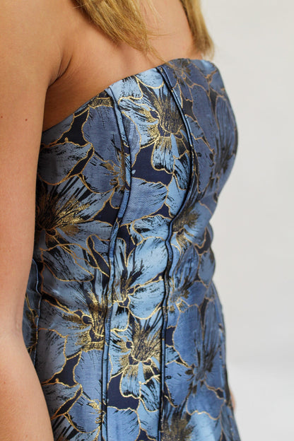 Golden Petal Strapless Mini Dress