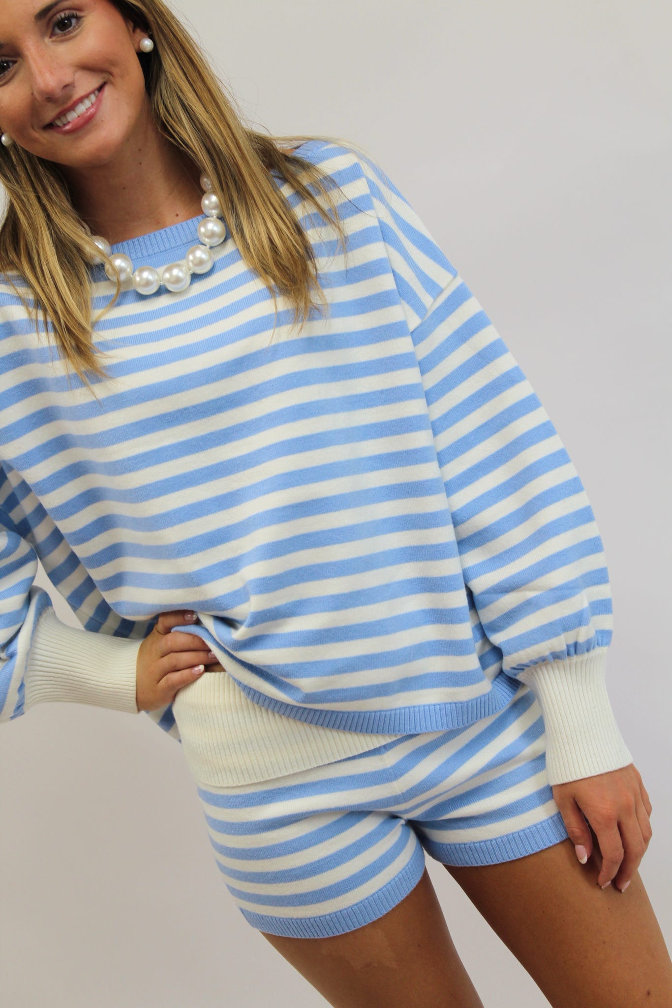 Boat Days Blue & White Stripe Knit Shorts Set