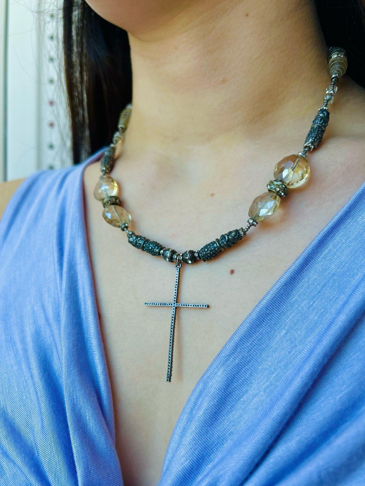 Large Stone Cross Necklace