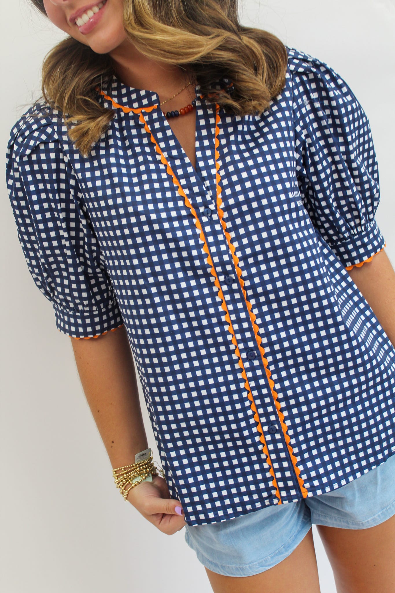 Navy/Orange Gingham Elaine Top