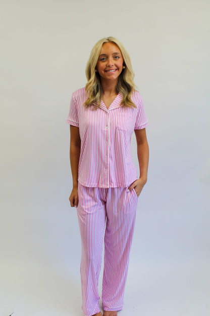 Pinstripe Short Sleeve Button Up Sleep Shirt Pink/White