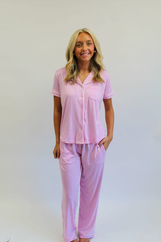 Pinstripe Short Sleeve Button Up Sleep Shirt Pink/White