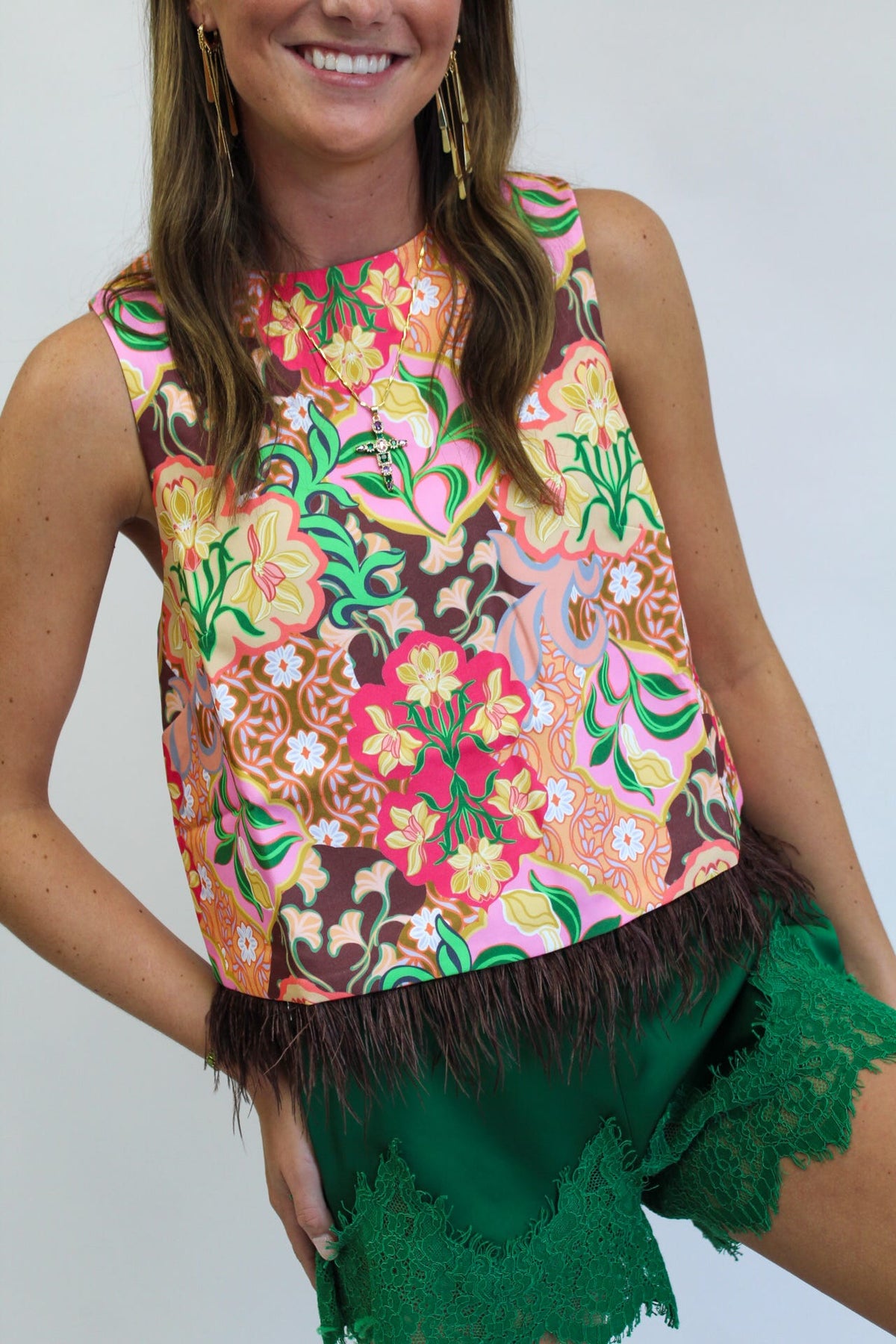 Garden Party Feather Hem Sleeveless Top