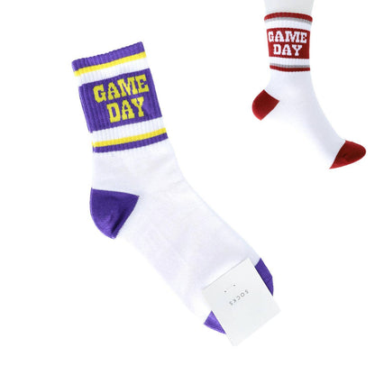 "Game Day" Stripe Cotton Knit Crew Socks: Burgundy White