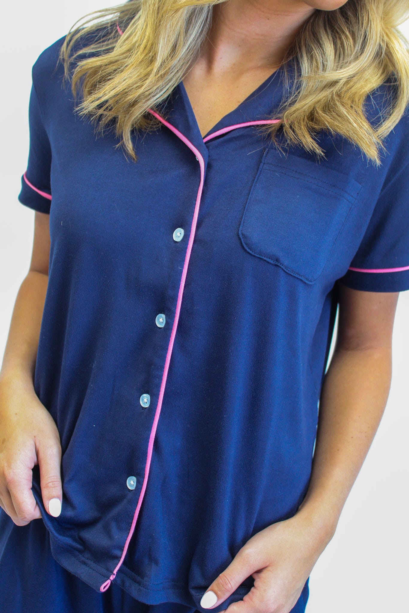 Elizabeth Short Sleeve Button Up Sleep Shirt Navy/Pink