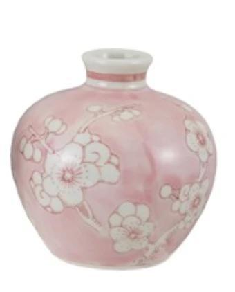 Pink & White Hand-Painted Stoneware Vase w/ Cherry Blossoms