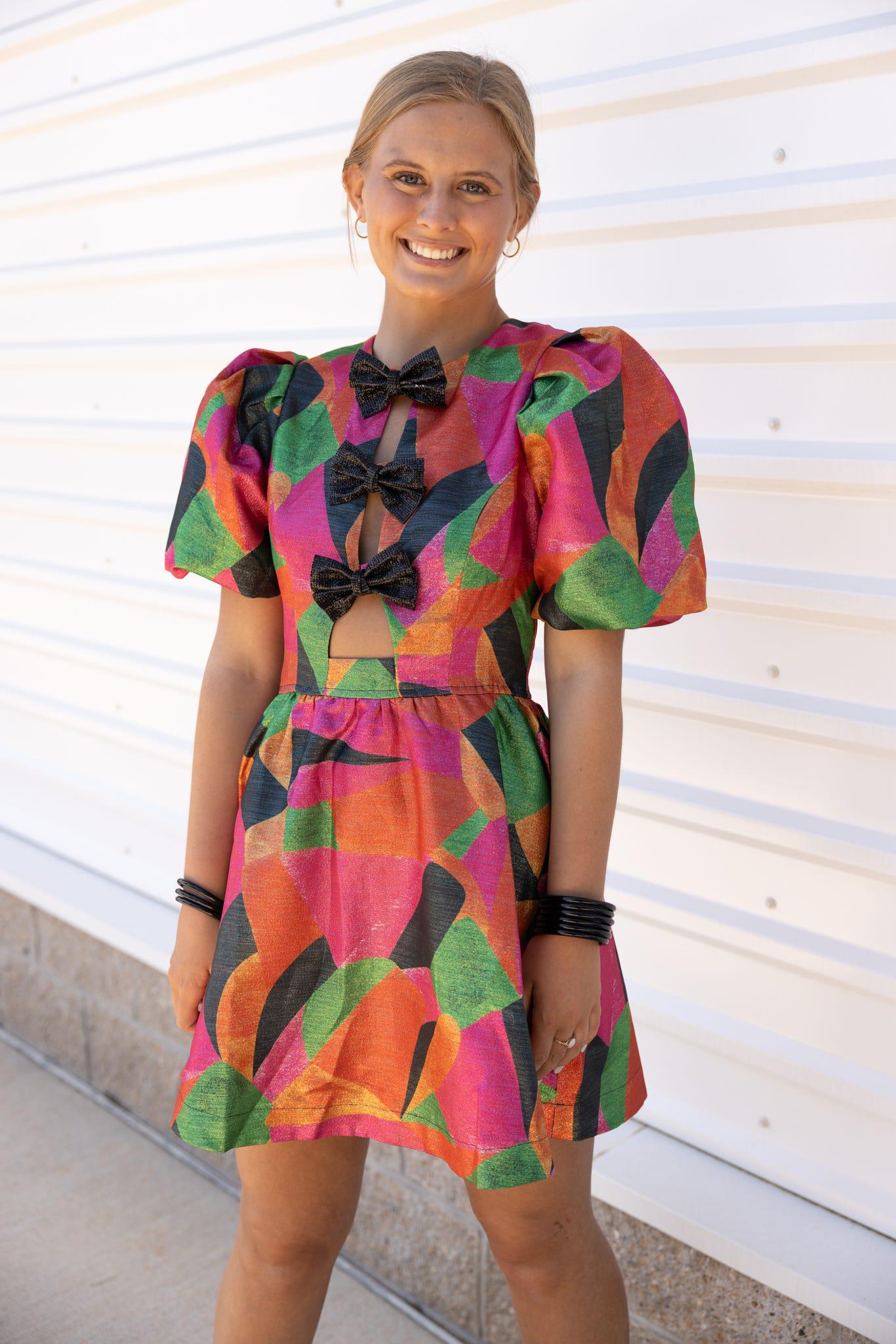 FRONT BOW PUFF SLEEVE DRESS