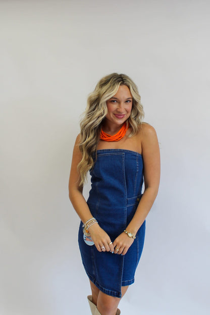 Gameday Darling Denim Strapless Mini Dress