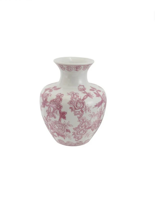 Hand Painted Stoneware Vase With Floral Pattern, Purple and White