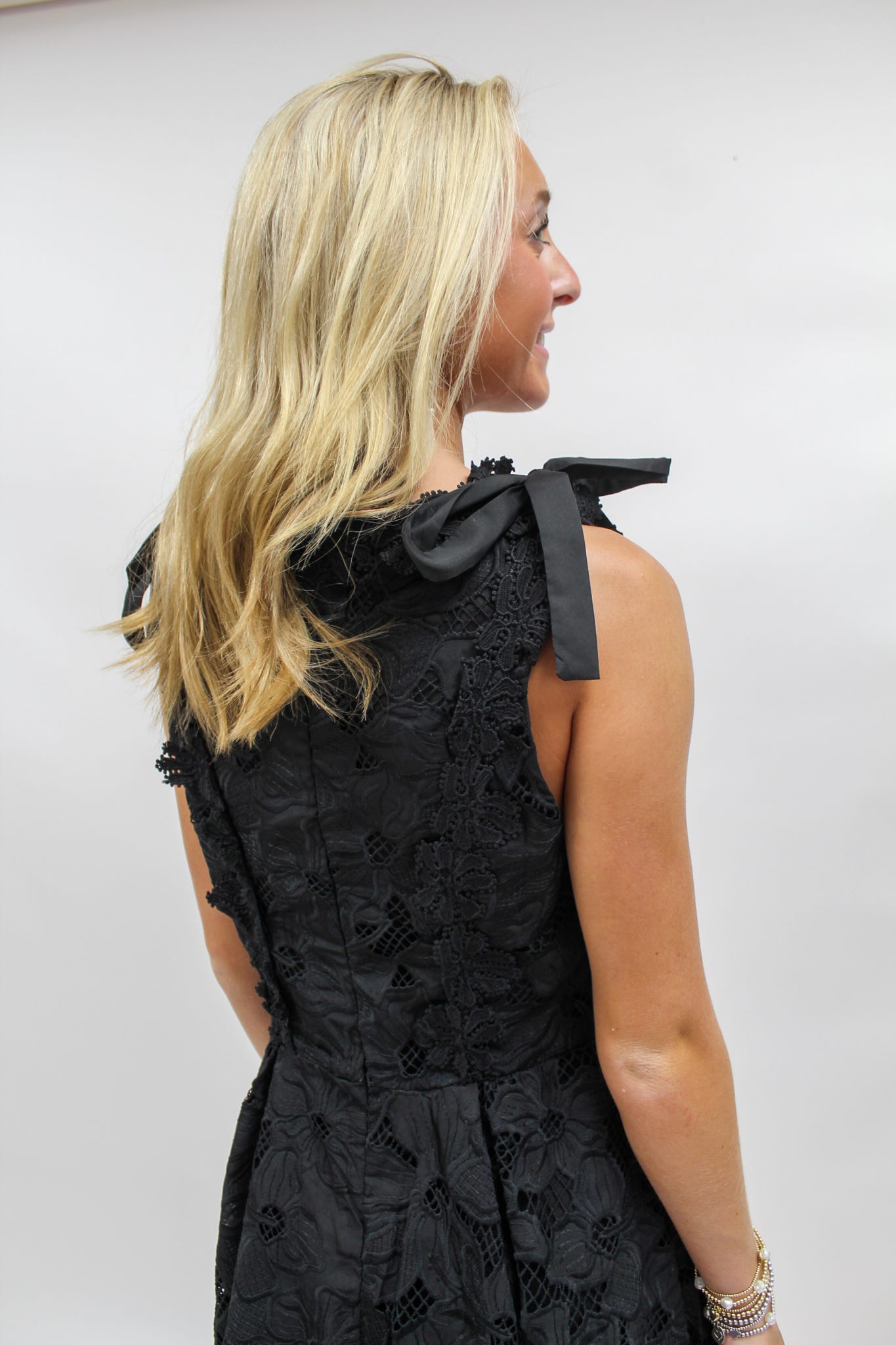 Boat Neckline with Tie Shoulders and Lace Dress - Black