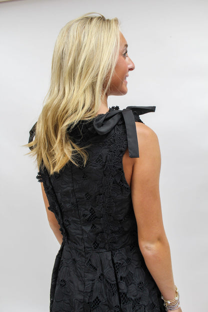 Boat Neckline with Tie Shoulders and Lace Dress - Black