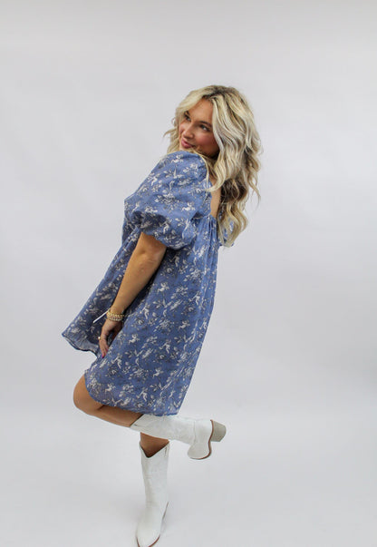 Flora Blue Toile Print Mini Dress