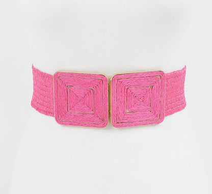 Faux Straw Two Buckle Elastic Belt