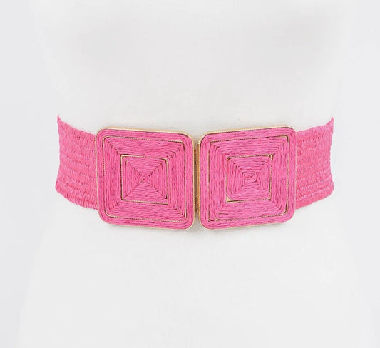 Faux Straw Two Buckle Elastic Belt