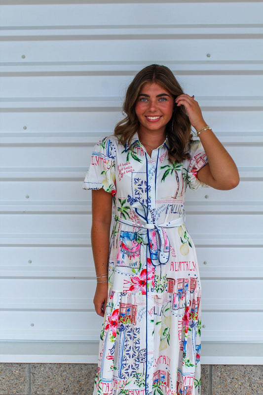 Tropical Palms Belted Maxi Dress