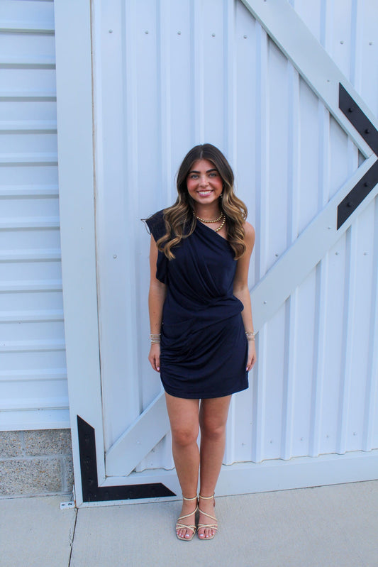 One Sleeve Midi Gathered Square Wing Sleeve Dress-Navy