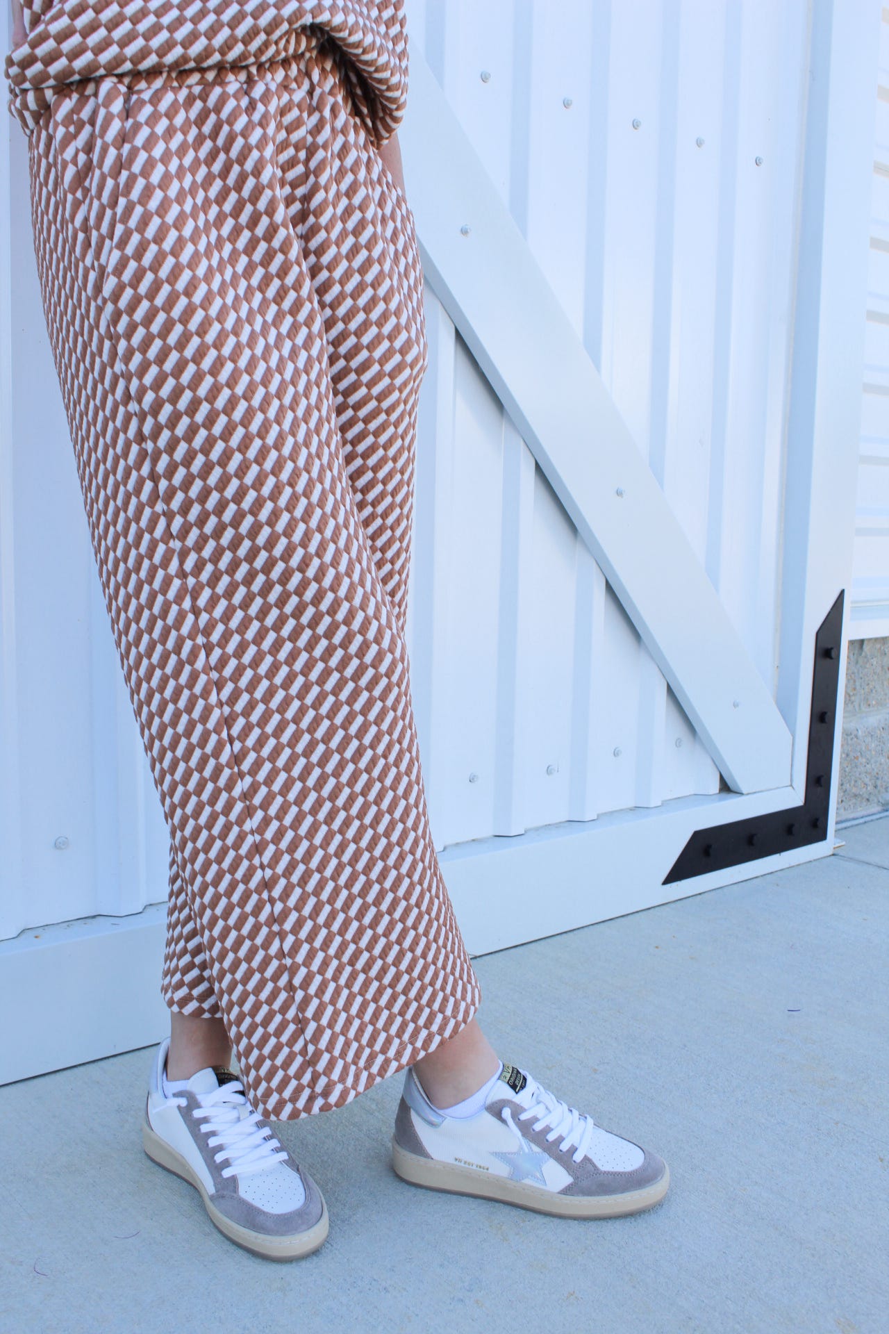 Wide Leg Quilted Checkered Pants - Tan
