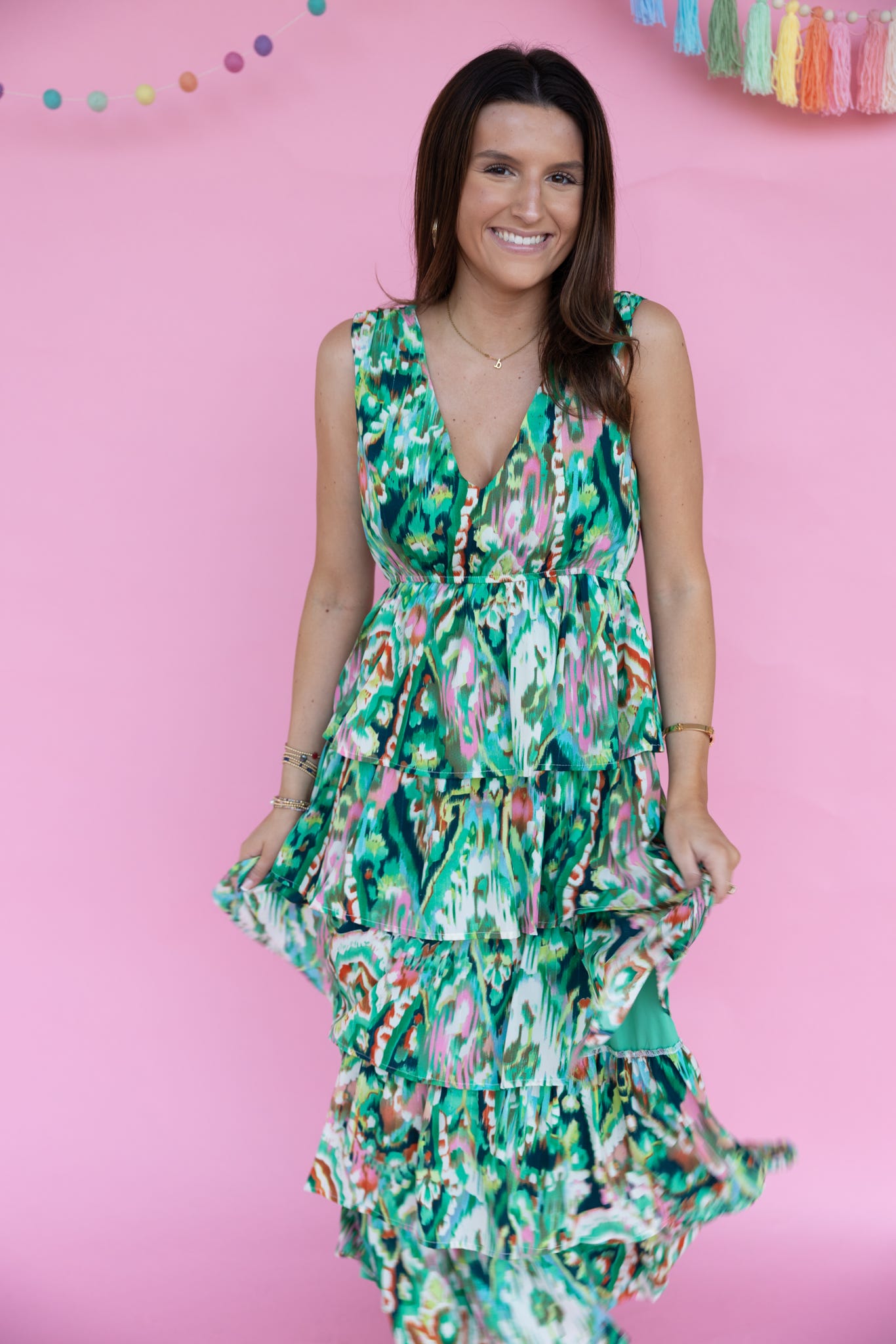 Green Watercolor Tiered V-Neck Dress