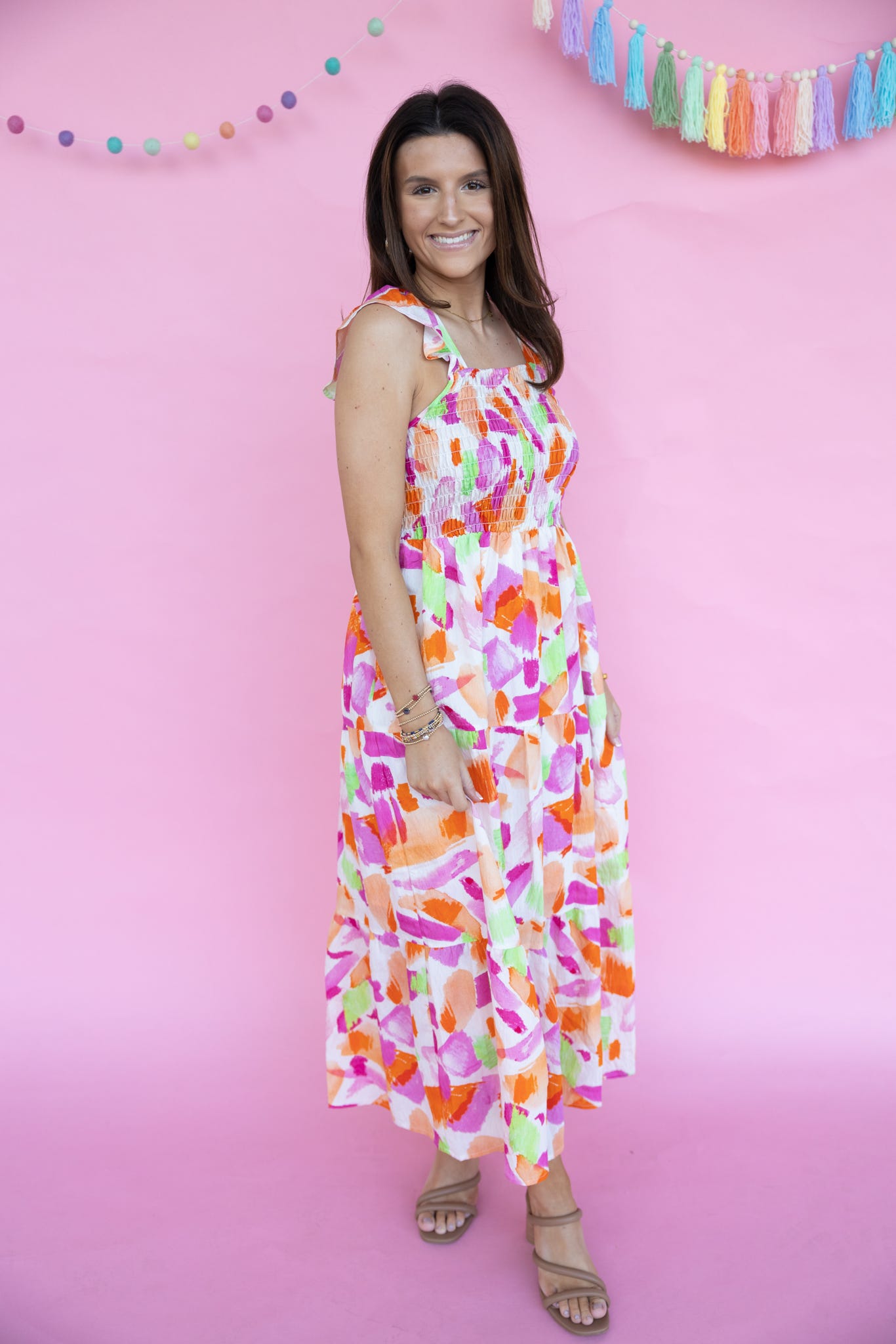 Smocked Print Maxi Dress - Cream Multi