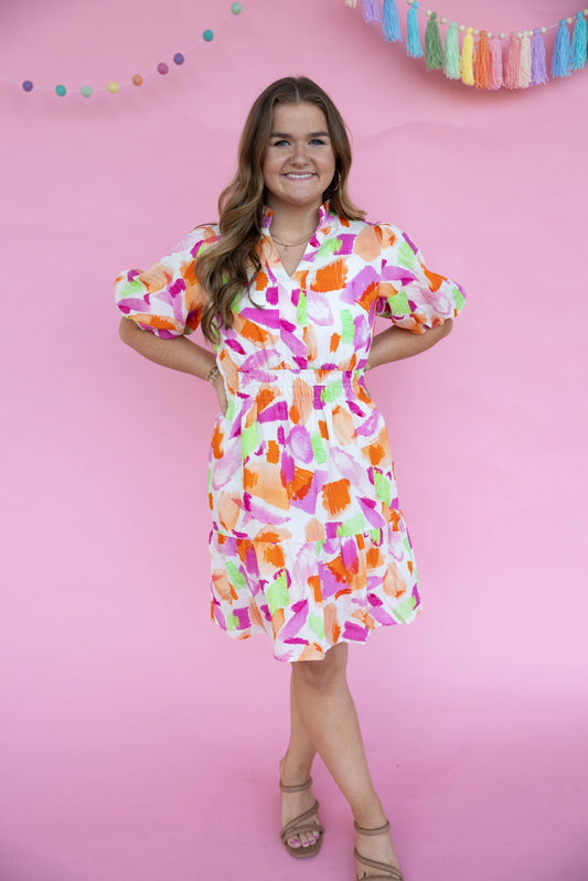 Smocked Waist Print Flutter Dress - Cream Multi