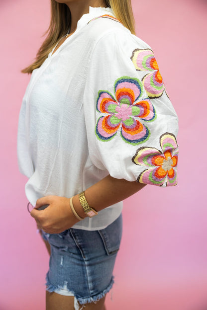 Embroidered Flower Sleeve Top - White