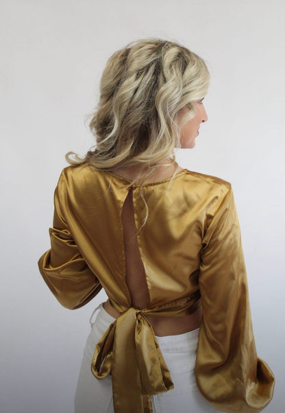 Round Neck Balloon Sleeve Satin Crop Top