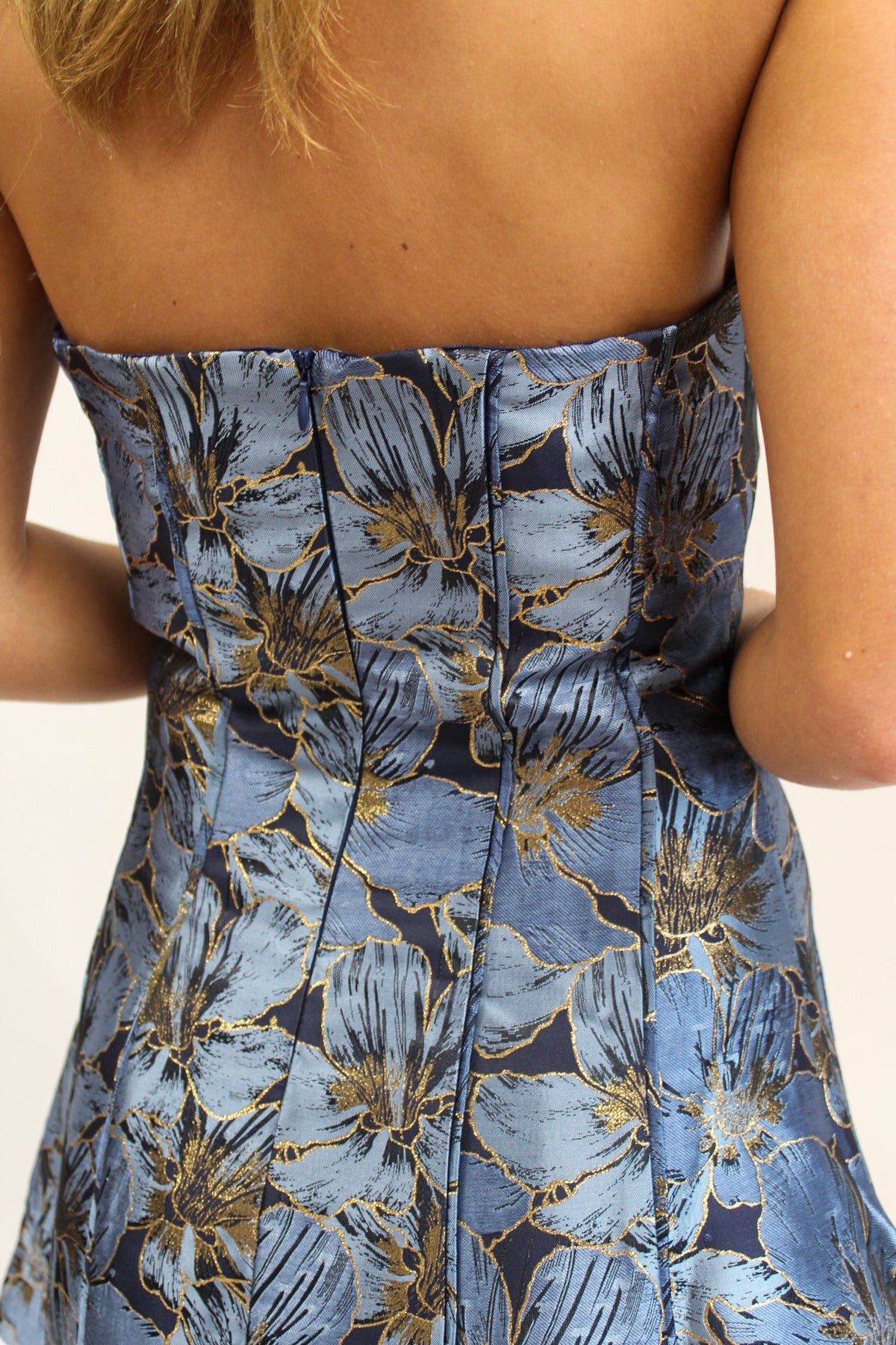 Golden Petal Strapless Mini Dress