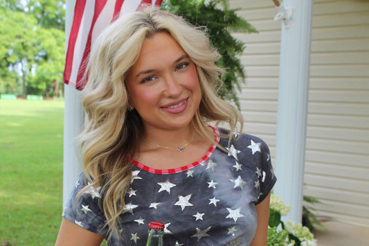 Foil Star Print French Terry Knit Top with Back Cut Out and Plaid Tied Top