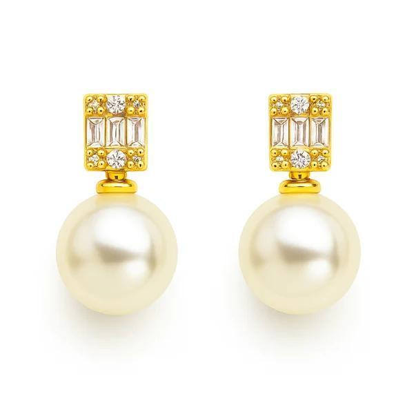 Pearl and Baguette CZ Stud Earrings - Gold Plated