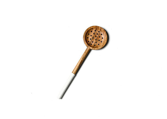 Wooden Slotted Spoon with Straight White Enamel Handle