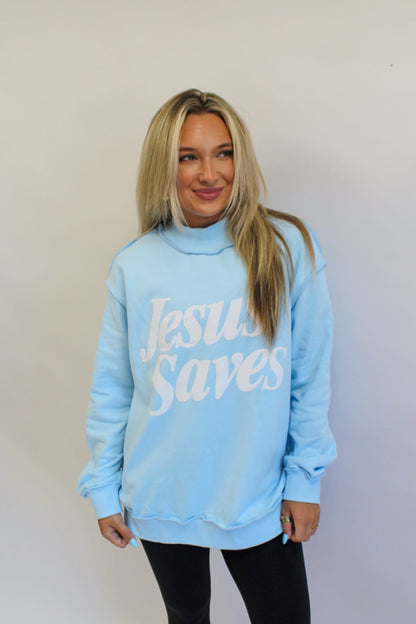 Mist Blue Jesus Saves Mockneck Sweatshirt