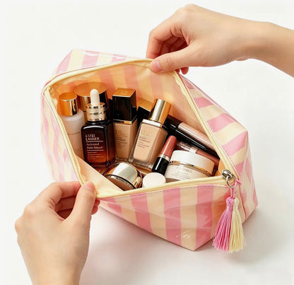 Color-Blocked Striped Waterproof Cosmetic/Makeup Bag w/ Tassel